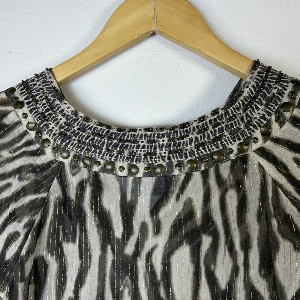 Chico's Animal Print Tunic Large silk brown gold bohemian beaded festival party - Picture 11 of 16